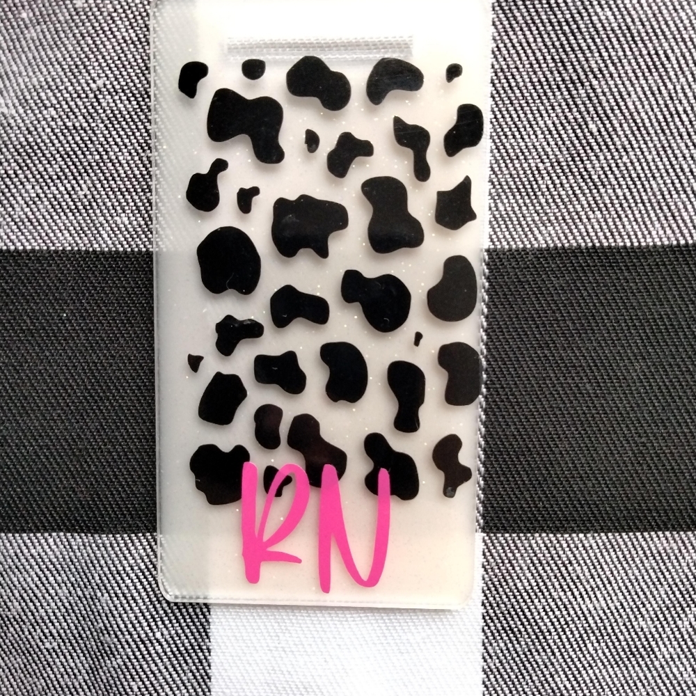 RN cow print badge buddy